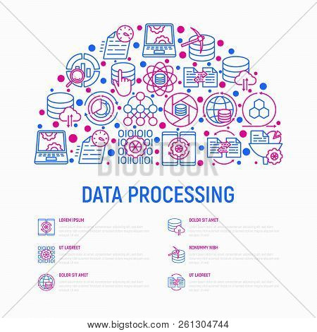Data Processing Concept In Half Circle With Thin Line Icons: Data Science, Filtering, Deep Learning,