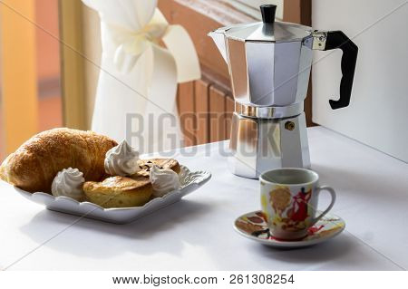 Homemade Sweet Breakfast Of Coffee And Meringue And Pasticiotto Leccese