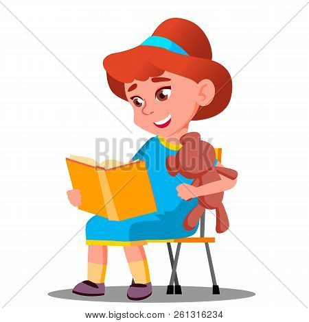 Little Beautiful Girl Reading A Book With A Soft Toy Vector. Education Concept. Isolated Illustratio
