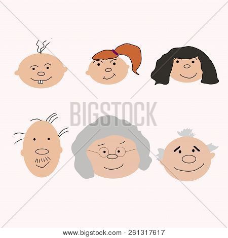 Set Of Characters In Cartoon Flat Style. Characters, The Cycle Of Life, Stages Of Growing Up From Ba