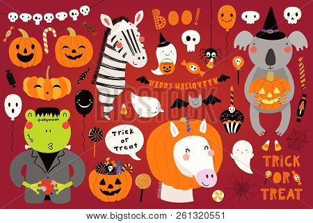 Big Halloween Set With Cute Animals Koala, Unicorn, Zebra, Frog In Costumes, Ghosts, Pumpkin, Candy.