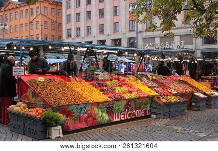 Outdoor Market Selling A Variety Of Products, Foods, And Flowers In Stockholm, Sweden