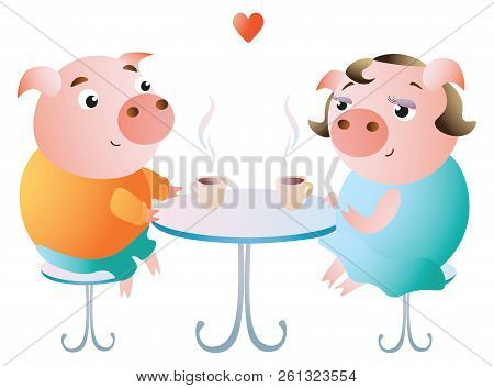 A Couple Of Pigs On A Date In A Cafe.