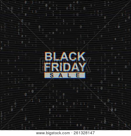 Vector Black Friday Sale Web Banner On Binary Code Dark Background. Online Web Shopping Data Concept