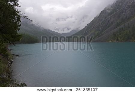 Mountain Lake On A Rainy Day. Altai, Russia.