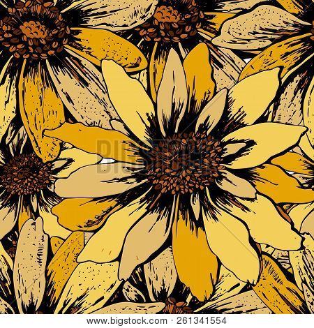 Colorful Seamless Floral Pattern With Cute Yellow Sunflowers. For Your Own Design. Vector Wallpaper,
