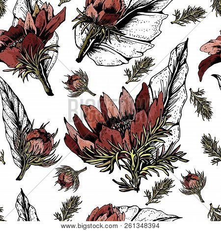 Vector Sketch Black And White Floral Seamless Pattern With Flowers And Leaves On White Background