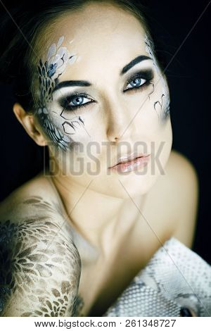 Fashion Portrait Of Pretty Young Woman With Creative Make Up Lik