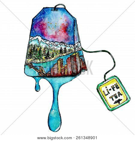 Colorful Tea Bag Tith Laben Li-fe Tea And The Landscape Inside. Beautiful Watercolor Illustration Fo