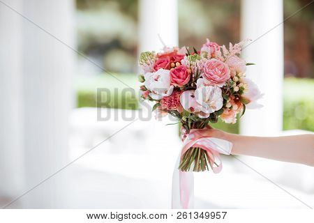 Flower Bouquet In Woman Hand. Weddin Concept.