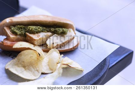Traditional Spanish Tapas, Snack With Potato And Pesto Sauce