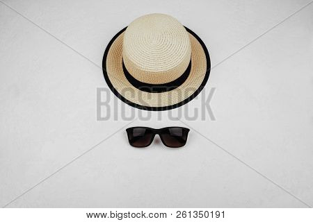 Sunprotection Objects Sunglasses And Hat. Lay Flat. Top View.