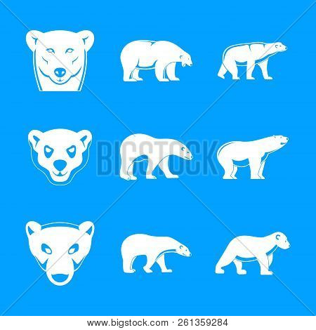 Polar Bear Baby White Icons Set. Simple Illustration Of 9 Polar Bear Baby White Icons For Web