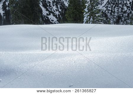 Thick Layer Of Snow And Ice, Fir Trees In The Background, In The Alps Mountains, On A Sunny Day Of D