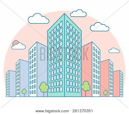 Nice City Landscape View With High Buildings, Clouds, Trees On Sunset, Modern Residential And Teneme
