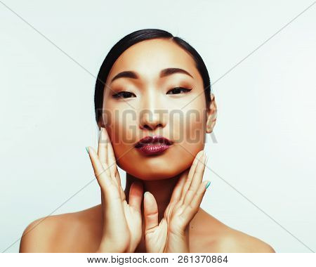 Young Pretty Brunette Asian Woman Emotional Posing, Happy Smilin