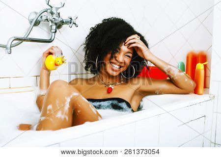 Young Pretty African American Girl Taking Bath With Foam, Lifest