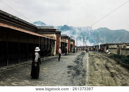Labrang Monastery, Xiahe, Gansu Province / China - Jun 6 2011: Tibetan Buddhist Pilgrims Standing In