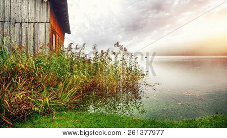 Misty Morning On Altaussee Village.misty Autumn Scene In The Morning. Mirror Reflection. Location: R
