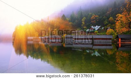 Misty Morning On The Lake Altausseer See. Foggy Autumn Scene In The Morning. Location: Resort Altaus