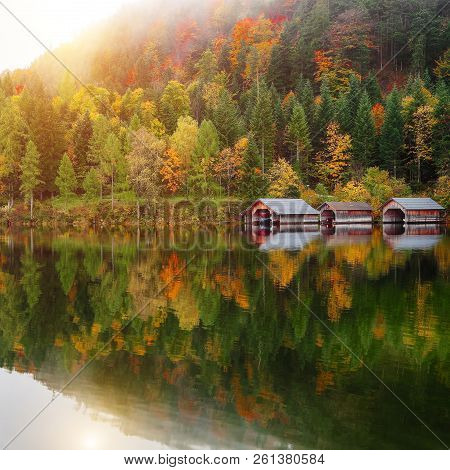 Misty Morning On Altaussee Village.misty Autumn Scene In The Morning. Mirror Reflection. Location: R