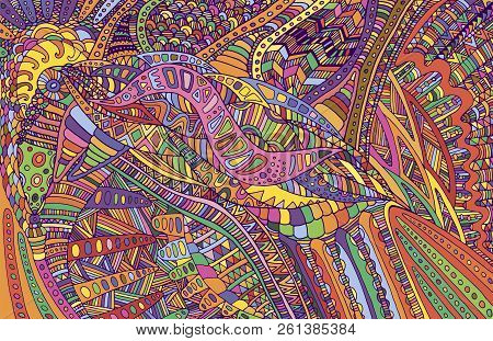 Psychedelic Colorful Surreal Doodle Pattern. Rainbow Colors Abst