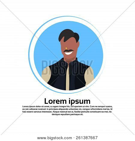 Indian Man Face Avatar Traditional Clothes Male Cartoon Character Portrait Isolated Round Frame Flat