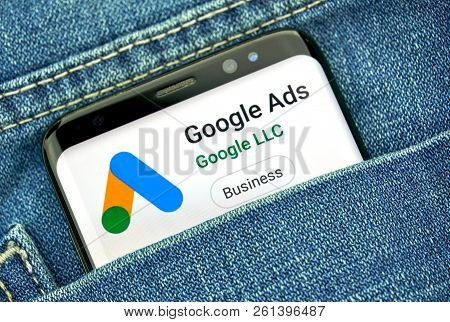Montreal, Canada - September 30, 2018: Google Ads New Logo And App On A Samsung S8 Screen. Google Ad