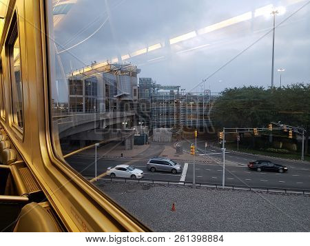 New York, Ny, Usa - September 6, 2018: Riding Airtrain Along Airport Terminals In Jfk, John F. Kenne