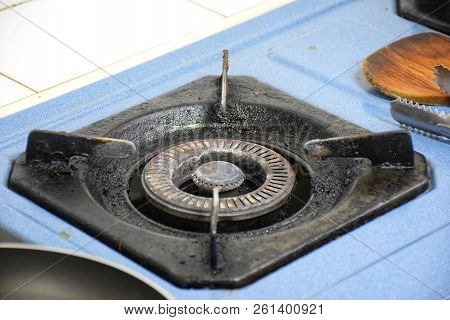Old Gas Burner On The Kitchen Stove.