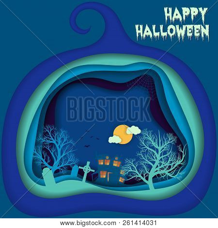 Halloween Night Background With Pumpkin, Hounted House And Moon. Paper Art, Carving Style. Flyer Or 