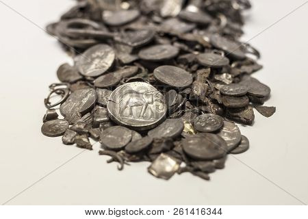 Malaga, Spain - Sept 21th, 2018: Hoard Of Cerro Colorado, Oldest Coins Ever Made In Iberia. Malaga M