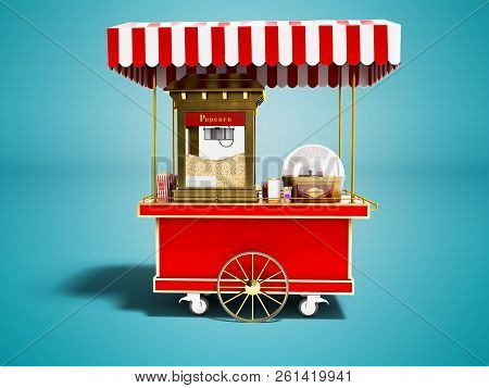 Modern Sale Of Popcorn From A Red Cart 3d Render On Blue Background With Shadow