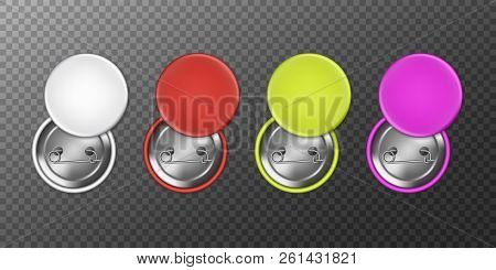 Blank Badges. Realistic Pin Buttons. 3d Vector Mockup