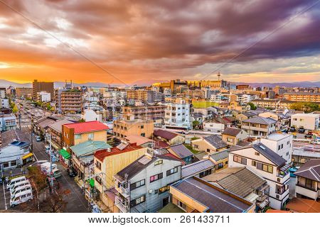 Kyoto, Japan downtown skyline at dusk.