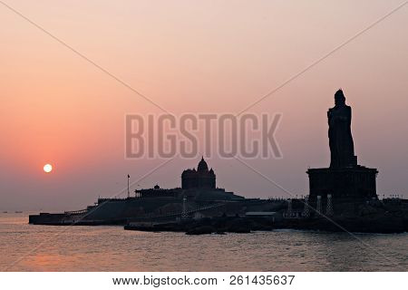 Vivekananda Rock Memorial And Thiruvalluvar Statue At Sunrise, India