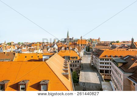 Top Panoramic Cityscape View On The Old Town With Main Central Street In Nurnberg During The Sunrise