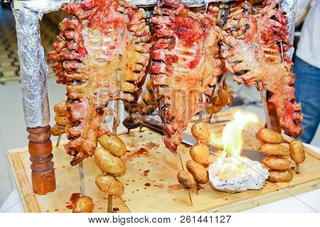 Roasted Meat Over An Open Fire, Cooked In A Special Way.barbecue Is Prepared Of Lamb Or Sheep Meat A