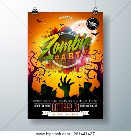 Halloween Zombie Party Flyer Illustration With Cemetery And Mysterious Moon On Orange Background. Ve