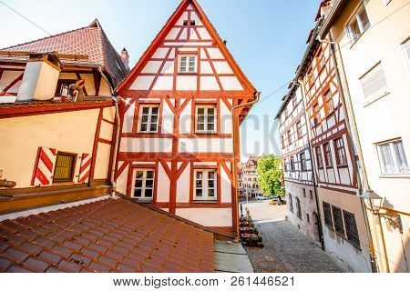 Street View With Beautiful Half-timbered Houses In The Old Town In Nurnberg, Germany