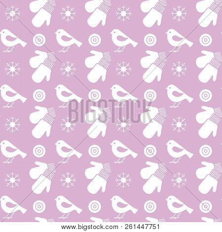 Vector Winter Seamless Pattern With Snowflakes, Birds, Mittens. Christmas And New Year 2019 Backgrou