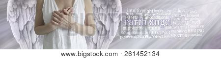 Earth Angel Word Tag Cloud Banner - In Spiritual Silver Tones, A Winged Female Torso With Hands Held