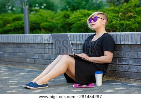 Student Girl Plus Size Passed Exams On Laptop, Entered The University, Work. Woman Gets Acquaintance
