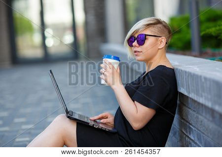 Woman Plus Size Take-out Coffee, Drink, Hold A Glass With Laptop, Walking Outdoors. Freelancer Works