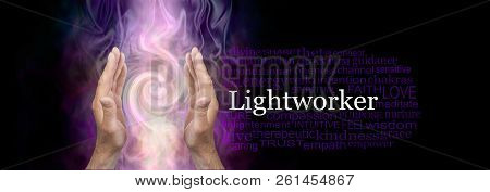 The Healing Hands Of A Lightworker Word Cloud - Male Hands In An Upwards Open Gesture Beside The Wor