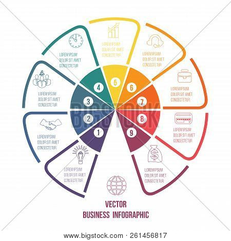 Pie Chart Infographic Colourful Lines With Text Areas 9 Positions.