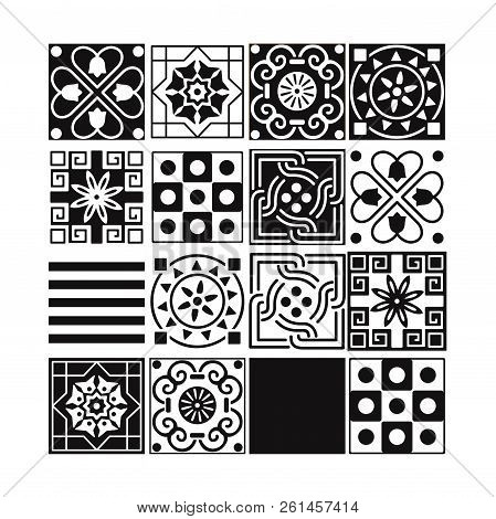 Set Of Monochrome Geometric Ornaments. Different Vector Patterns