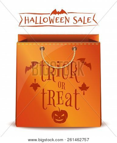 Orange Package With Inscription For Halloween Shopping. Trick Or Treat. Halloween Sale. Vector Illus