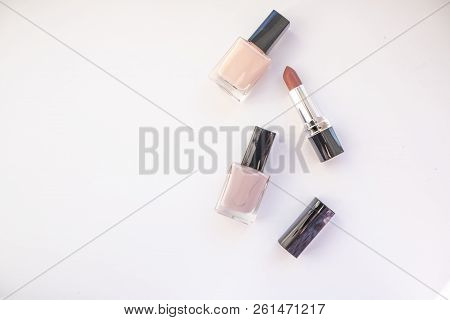 Manicure - Beauty Treatment Photo. Pastel Colors Set On White Background. Copy Space. Nail Polish Bo