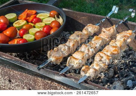 Barbeque. Cicken Meat Skewers With Tomato, Peppers, Zucchini, Celery